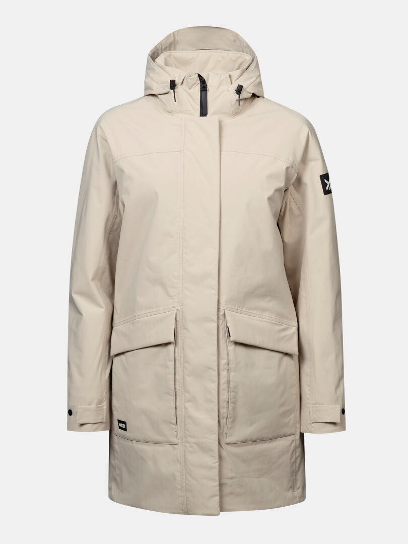 Halti Kortteli DX Parka für Damen: beige, Microtherm-Isolierung, Reißverschluss, Taschen, Logo-Aufnäher am linken Ärmel.
