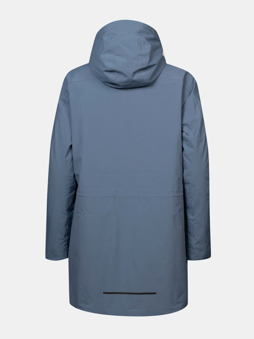 Rückansicht des Halti Kortteli DX Insulated Parka Damen in Blau, mit langen Ärmeln und schwarzem Wetterschutzstreifen am Saum.