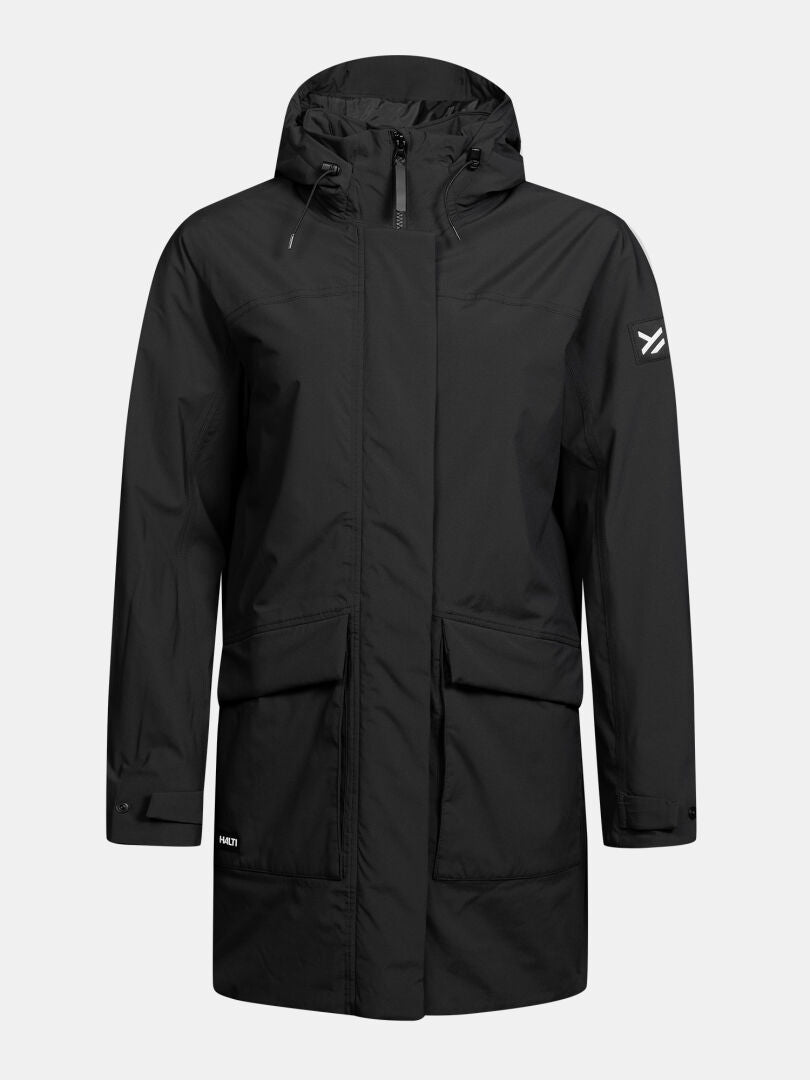 Halti Kortteli DX Insulated Parka für Damen: schwarz, mit Kapuze, Reißverschluss vorne, weißes Logo auf dem linken Ärmel, Wetterschutz.