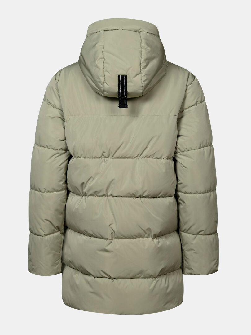 Halti Leinikko Puffer-Parka für Damen in Hellolivgrün mit Kapuze, Rückansicht auf weißem Hintergrund.