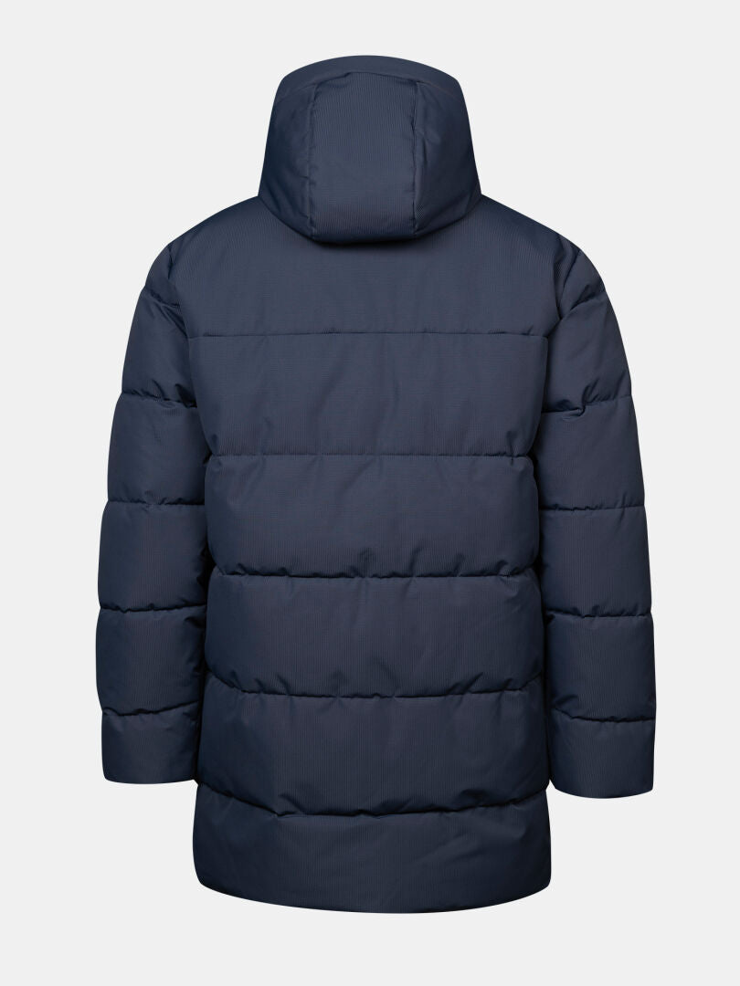 Halti Kaimoa Isolationsjacke für Herren in Marineblau mit Kapuze, Rückansicht vor hellem Hintergrund.