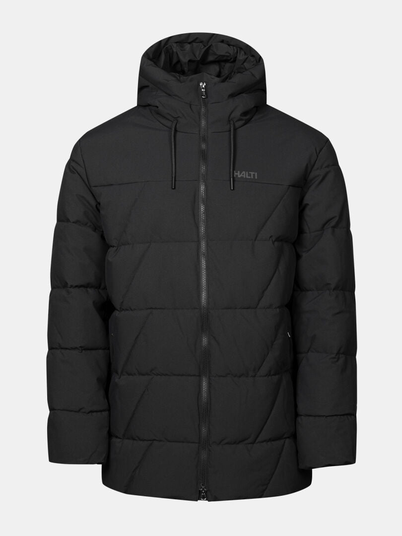 Halti Forska Isolationsparka für Herren: schwarz, mit Kapuze, mit Microtherm Thermofill-Isolierung, Logo auf der Brust, Reißverschluss vorne.