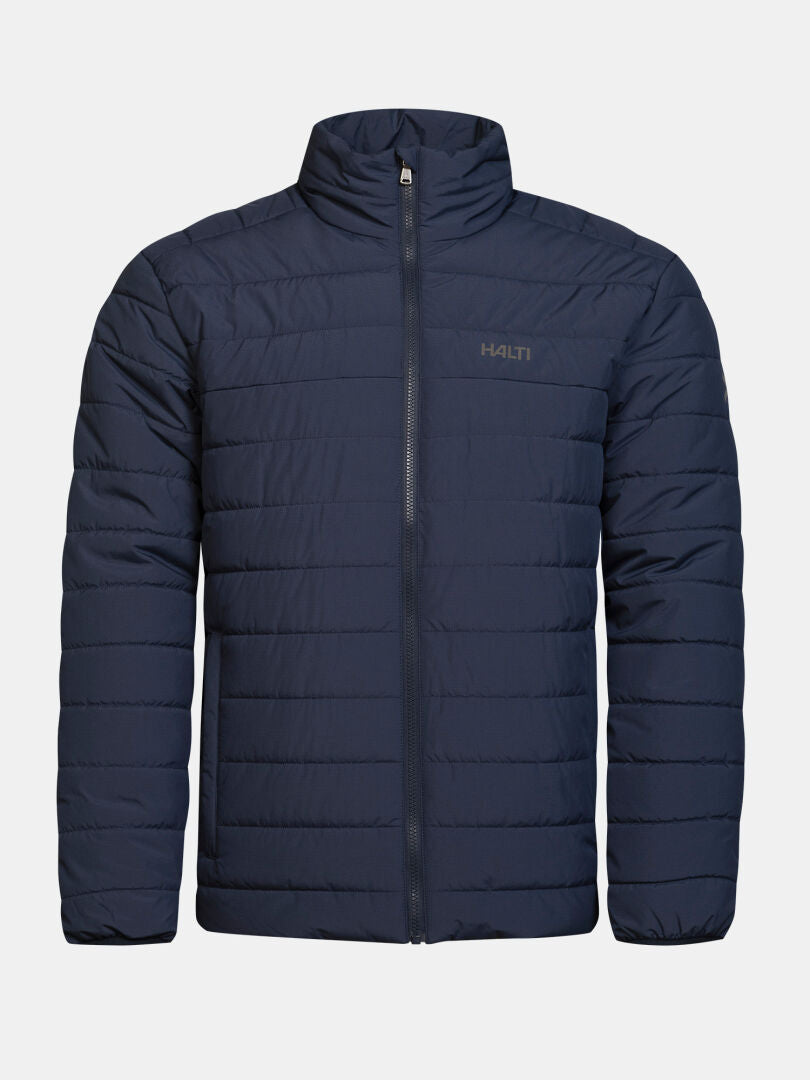 Halti Rehia Gepolsterte Jacke für Herren: marineblau, wasserabweisend, winddichter Kragen, Reißverschluss vorne, Logo auf der Brust.