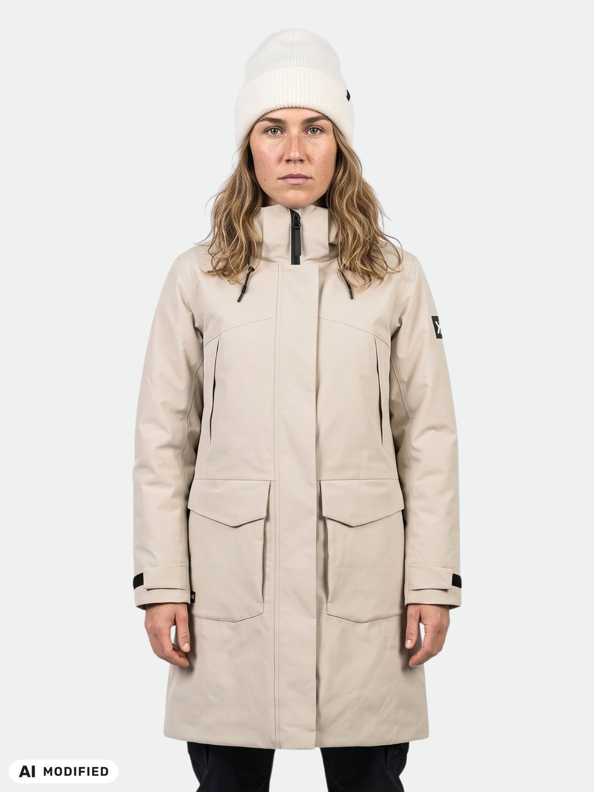 Eine Person, die einen Halti Kallio DX Parka Damen mit großen Vordertaschen und einer weißen Mütze trägt.