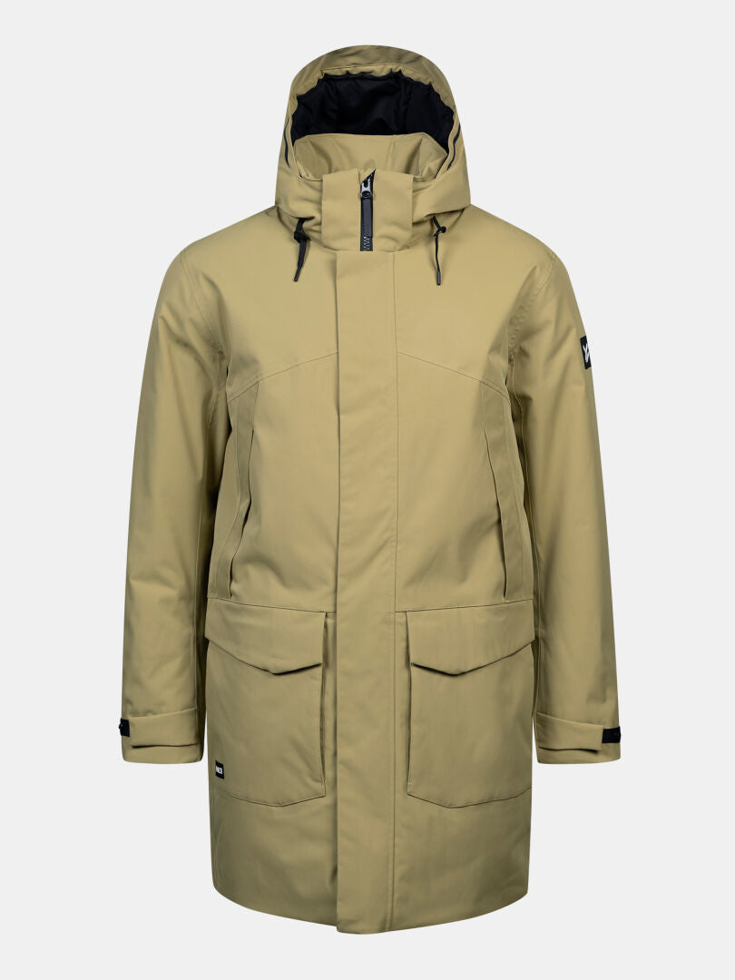 Halti Kallio DX Parka für Herren: hellbraun, wasserdicht, Microtherm-Isolierung, schwarze, verstellbare Ärmelbündchen und Kapuze.