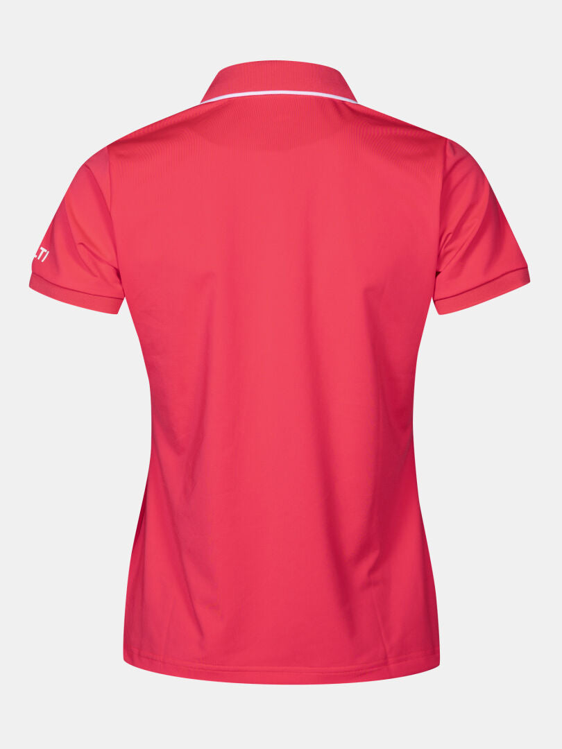 Rückenansicht des Halti Swingi Technisches Poloshirt Damen Plus in leuchtendem Pink, recyceltes Polyester, weißer Kragenstreifen.