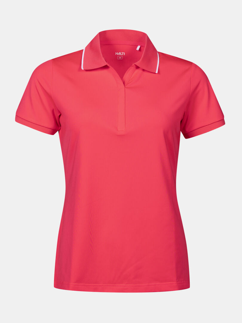 Halti Swingi Technisches Poloshirt Damen Plus: kurzärmelig, leuchtend rosa mit Kragen und weißem Saum.