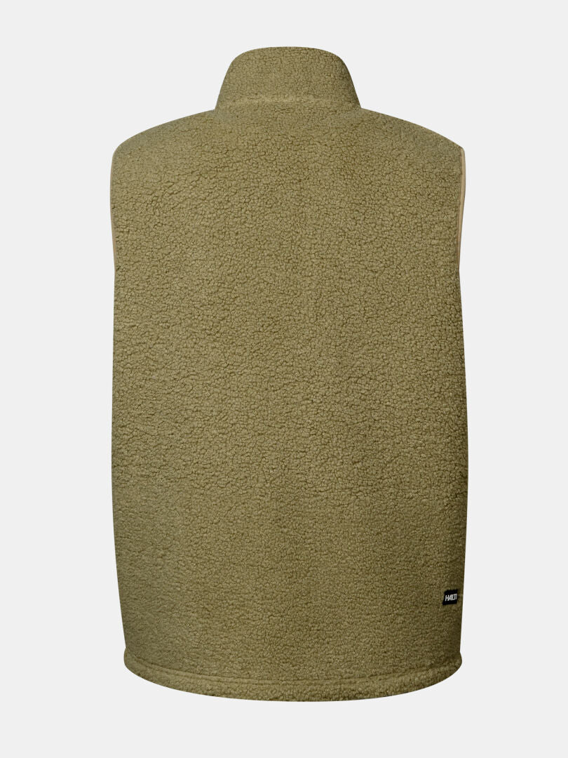 Rückansicht der Halti Lykky Fleece-Weste Unisex in Oliv, mit hochgestelltem Kragen, aus recyceltem Polyester.