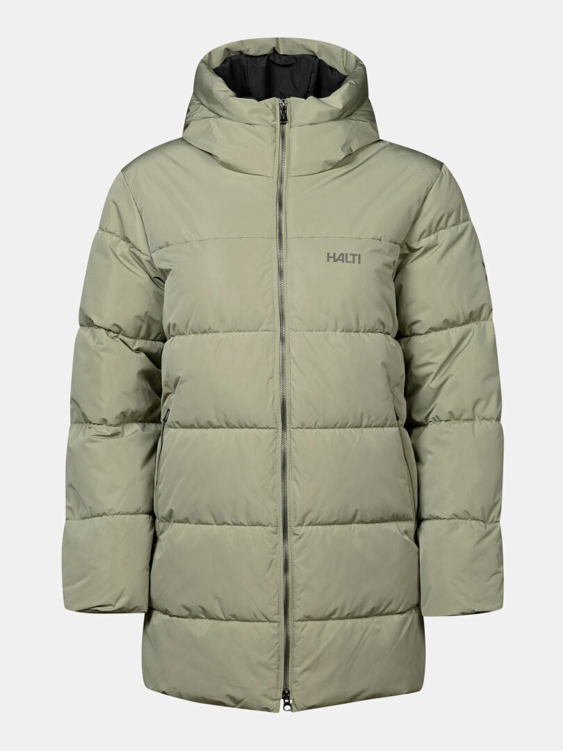 Halti Leinikko Puffer Parka Damen Plus, hellgrün, mit Kapuze, DrymaxX, Reißverschluss vorne, Logo auf der linken Brust.