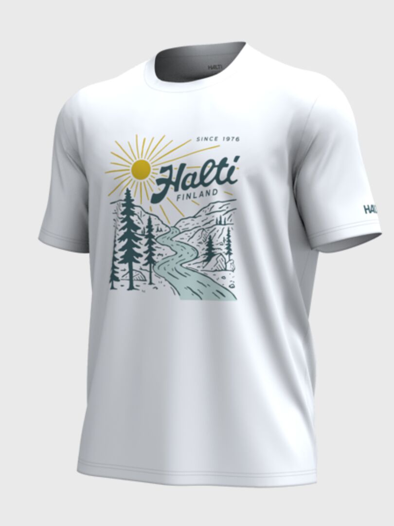 Vehka Unisex-T-Shirt von Halti: Weiß, Bio-Baumwolle, Grafikdruck mit Sonne, Bäumen, Fluss und Bergen – nachhaltig.