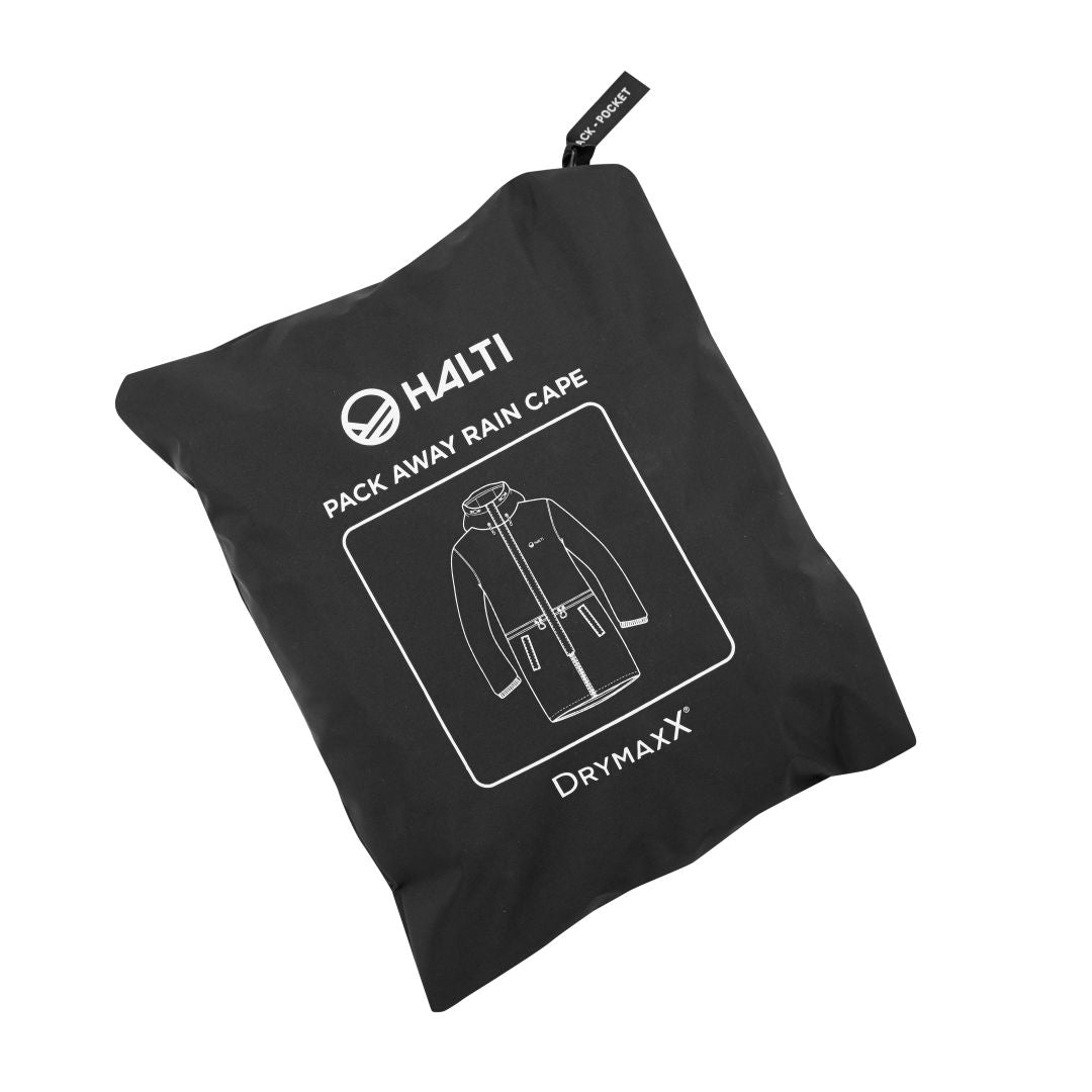 Ein schwarzer Beutel mit der Aufschrift Halti Club Coach Jacke mit DrymaxX Classic-Gewebe und 15000 g/m2/24h Atmungsaktivität.