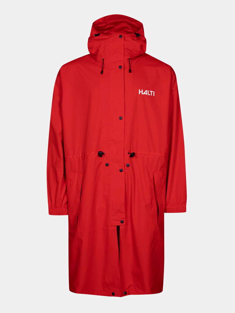 Die Halti Coach Jacke ist eine lange, wasserdichte Regenjacke mit Kapuze, Frontknöpfen und Halti-Logo auf der Brust.