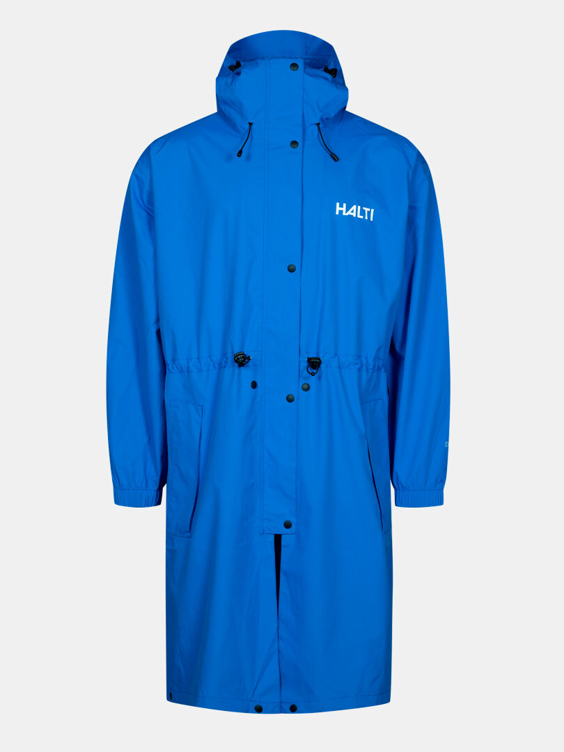 Halti Coach Jacke: hellblau, wasserdicht, mit Kapuze, Frontknöpfen, großen Taschen und Halti-Logo auf der Brust.