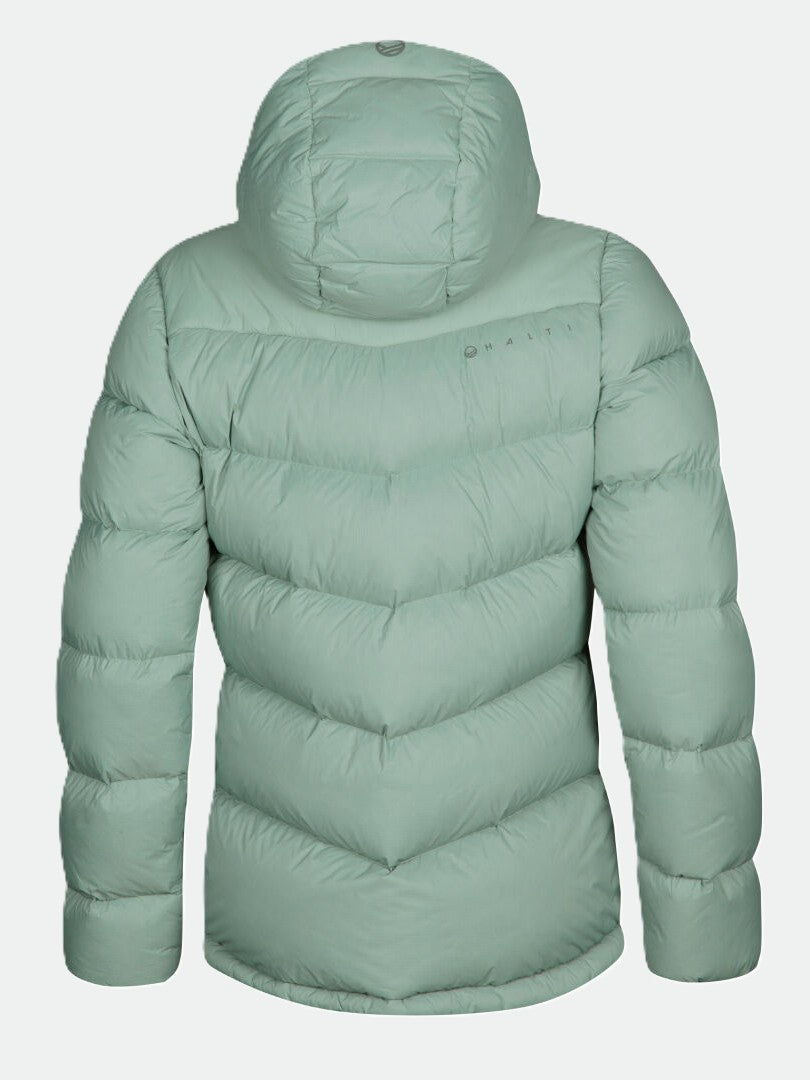Die Halti Versant Daunenjacke Damen in hellgrün mit Kapuze, von hinten auf weißem Hintergrund dargestellt.