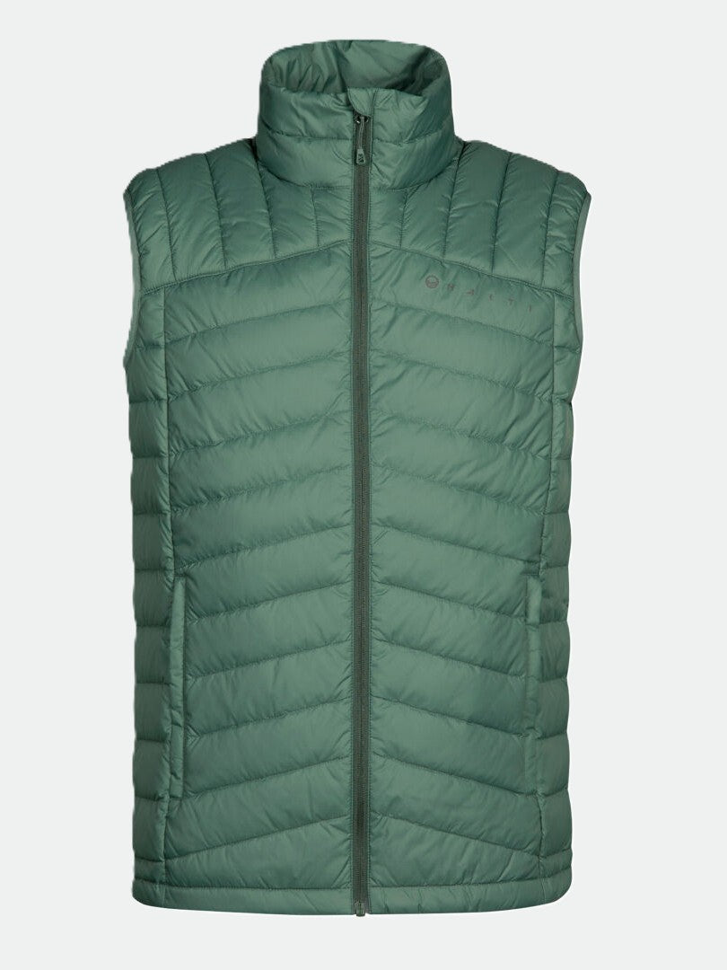 Die Halti Evolve Lite Daunenweste Herren in grün hat einen Frontreißverschluss und einen hohen Kragen, abgebildet auf einem weißen Hintergrund.