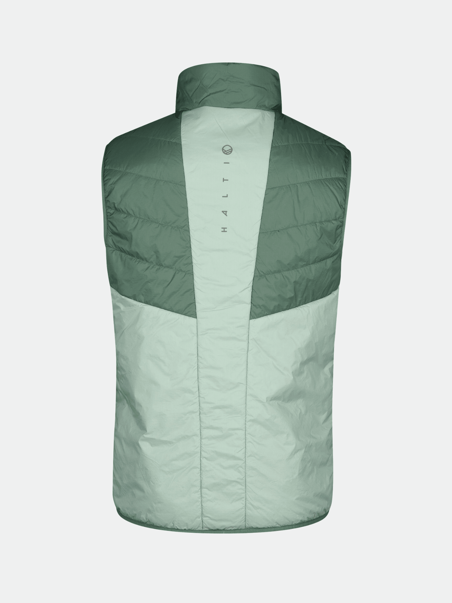 Halti Heatix Primaloft Weste Herren: ärmelloses, zweifarbiges Grün mit hohem Kragen, vertikalem Logo und leichter Steppung.