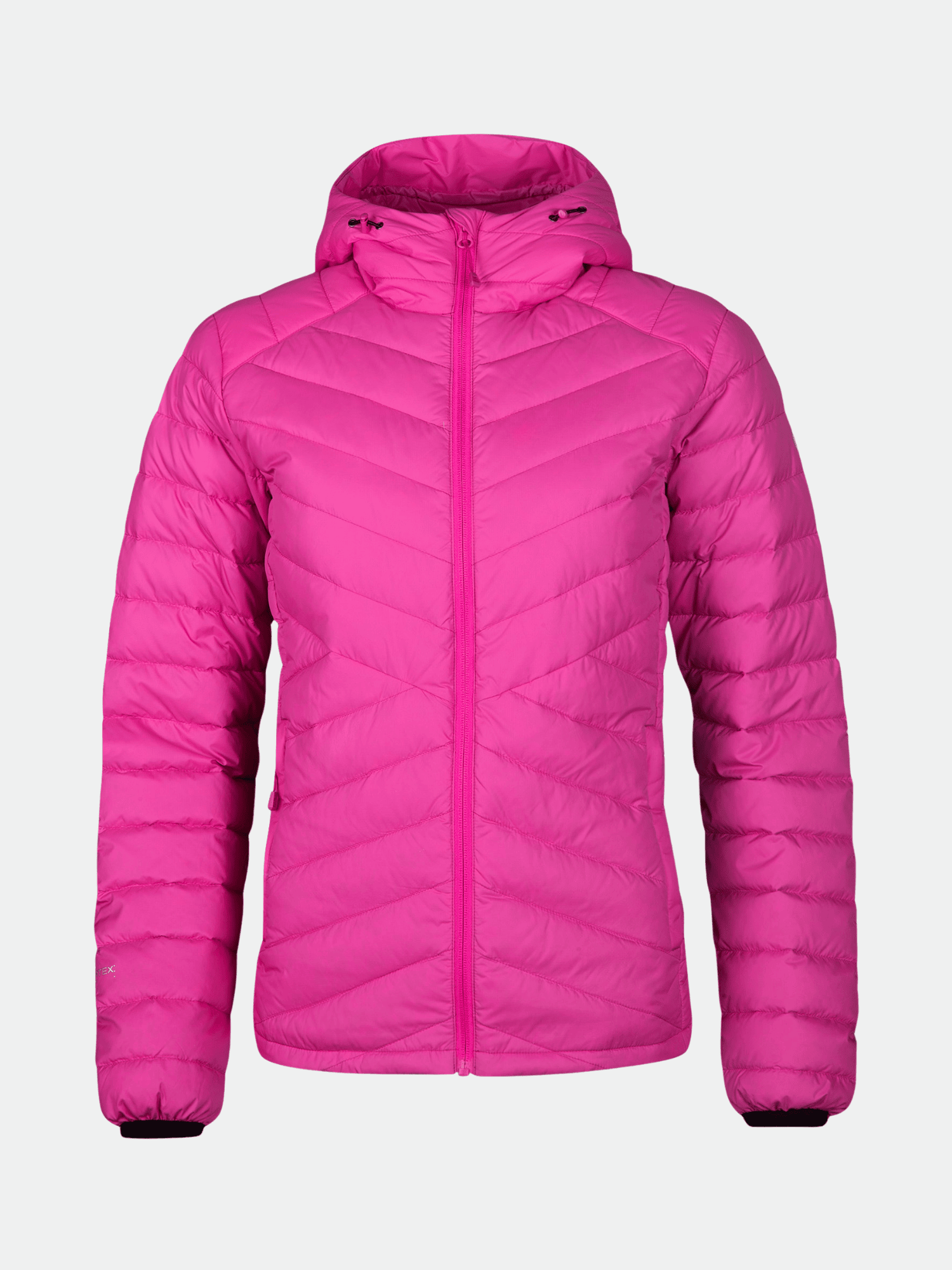 Halti Huippu Daunenjacke Damen in leuchtendem Pink, Pertex Quantum Ripstop, mit Kapuze, Frontreißverschluss und horizontaler Steppung.