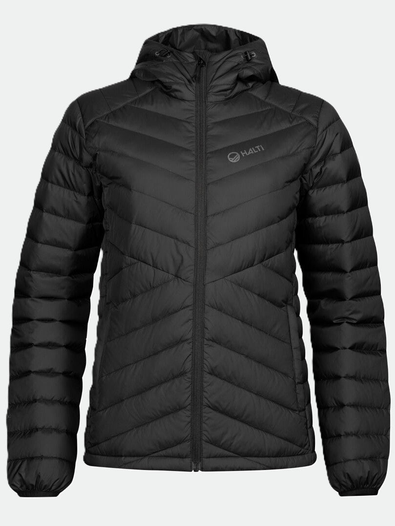 Halti Huippu Daunenjacke Damen: schwarzer Puffer mit Kapuze, Frontreißverschluss, Seitentaschen, Pertex Quantum Ripstop.
