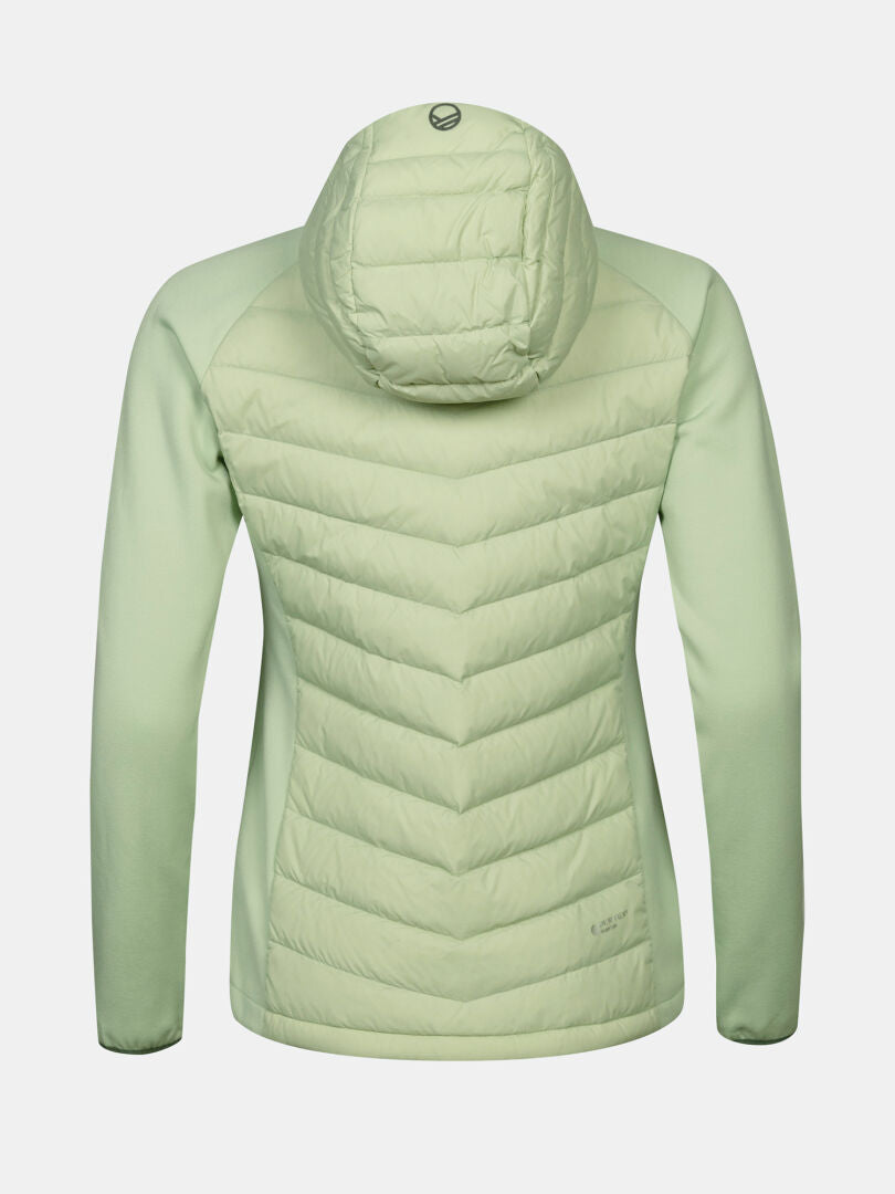 Hellgrüne Halti Huippu Hybrid Daunenjacke für Damen mit Steppnähten, Pertex Quantum Ripstop und taillierten Ärmeln.