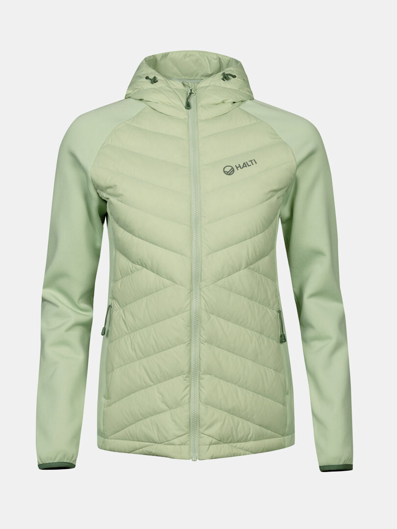 Halti Huippu Hybrid Daunenjacke Damen in Hellgrün mit Kapuze, gesteppter Vorderseite und strapazierfähigem Pertex Quantum Ripstop.