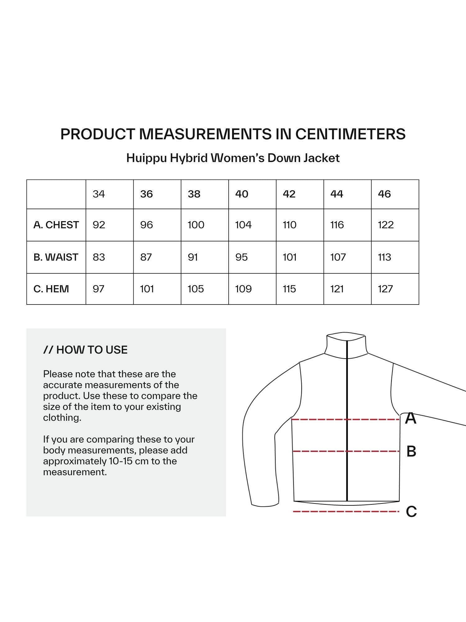 Halti Huippu Hybrid Down jacket Measurments