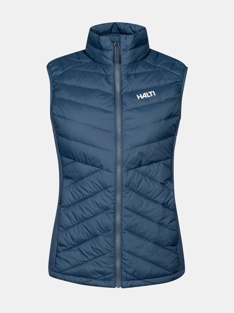 Ärmellose, blaue Halti Huippu Hybrid Daunenweste mit Frontreißverschluss-ideal für atmungsaktive Outdoor-Aktivitäten.