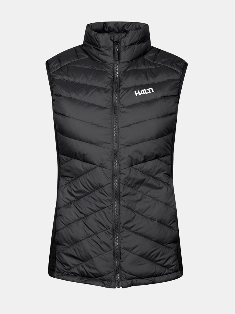 Halti Huippu Hybrid Daunenweste Damen: ärmellos, schwarz, gesteppt, Frontreißverschluss, atmungsaktiv, Logo auf der linken Brust.