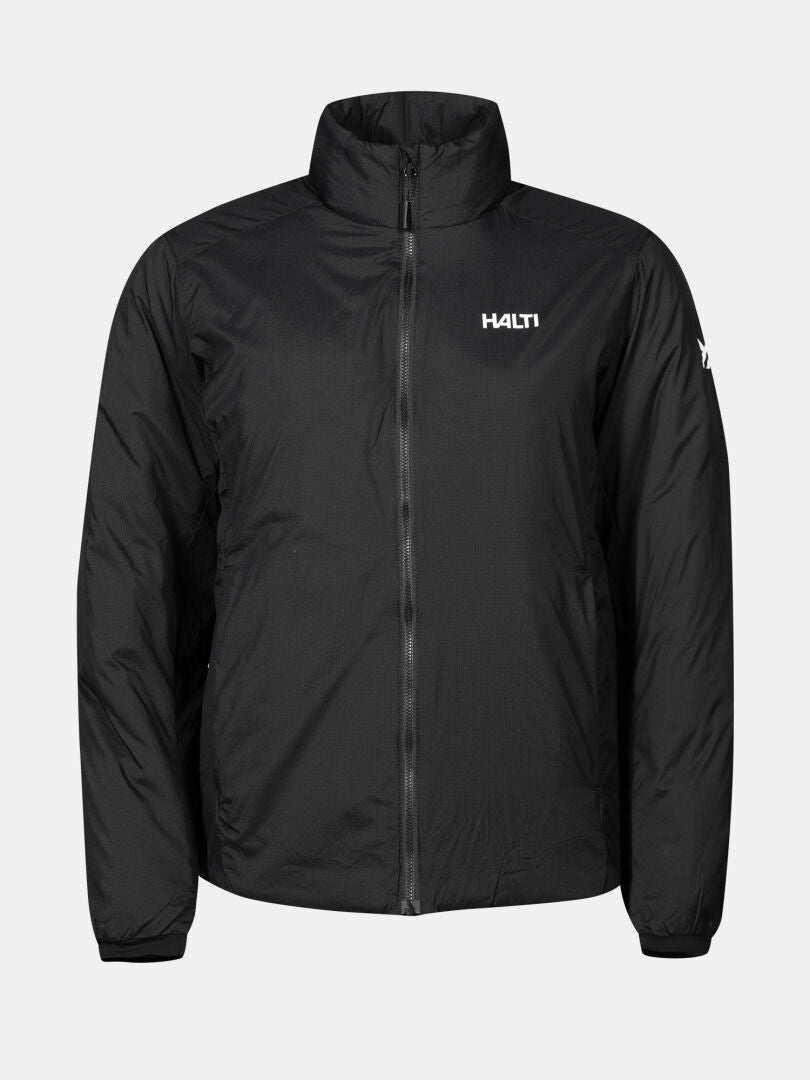 Die Haave Insulation Primaloft Jacke Damen von Halti, schwarz mit hohem Kragen und Logos auf Brust und Ärmel.