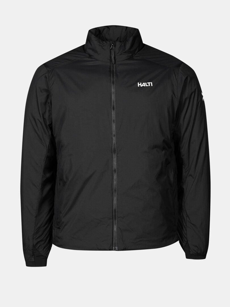 Die Halti Haave Insulation Primaloft Jacke Herren in schwarz, mit hohem Kragen und Brustlogo auf einfarbigem Hintergrund.