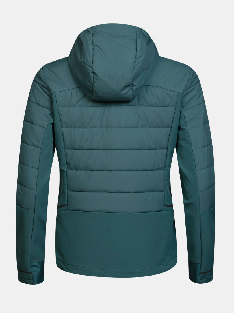 Halti Valimo Hybrid-Isolationsjacke für Damen in Teal, hier von hinten gezeigt, mit horizontaler Steppung und langen Ärmeln.