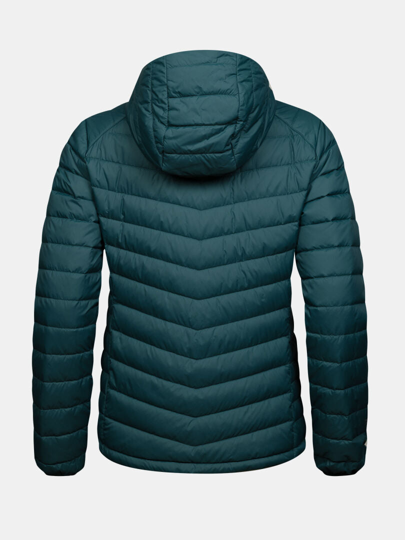 Rückansicht einer türkisfarbenen Halti Huippu Untuvia Daunenjacke Damen, einer leichten, gesteppten Daunenjacke mit Kapuze.
