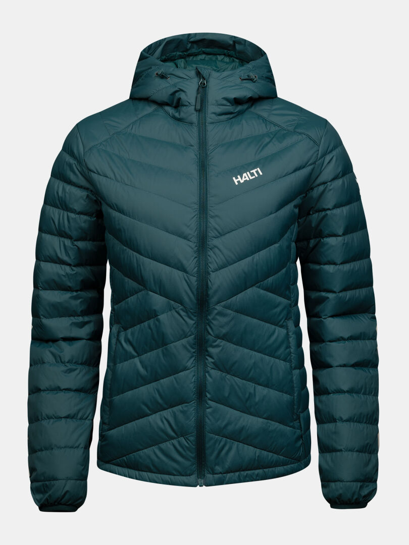 Teal Halti Huippu Untuvia Daunenjacke – Damen-Daunenjacke mit Kapuze, Chevron-Steppung und Reißverschluss vorne.