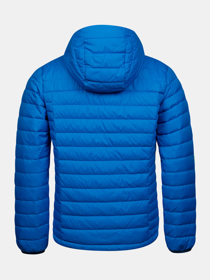 Rückansicht einer hellblauen, gesteppten Halti Huippu Untuvia Daunenjacke für Herren mit Kapuze.