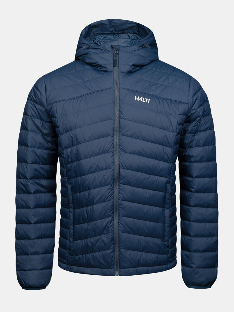 Eine marineblaue, gesteppte Halti Huippu Untuvia Daunenjacke für Herren mit Kapuze und Reißverschluss vorne.