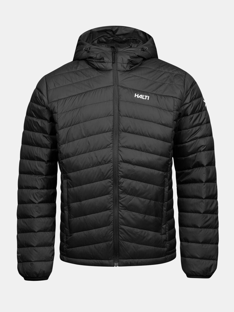 Halti Huippu Untuvia Daunenjacke Herren: schwarze Daunenjacke mit Kapuze, Frontreißverschluss und Microtherm Dynamic-Isolierung.