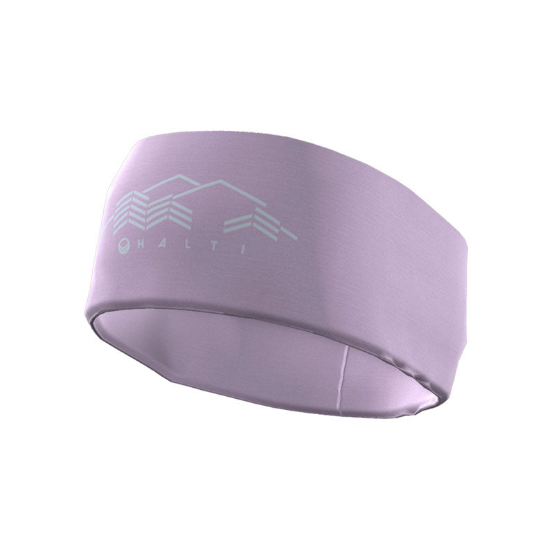 Hellviolettes Vehka-Stirnband von Halti im Outdoor-Stil mit weißem geometrischem Logo und „Halti“-Aufdruck auf der Vorderseite.