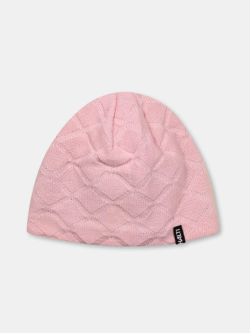Halti Crostie Merino Mütze: hellrosa, Rautenmuster, schwarzes Etikett, winddicht - ideal für den Skilanglauf.