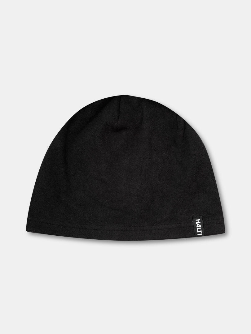 Die Halti Trone Fleece Mütze ist eine schlichte schwarze Mütze mit dezentem Logo, ideal zum Laufen oder Wintertraining.