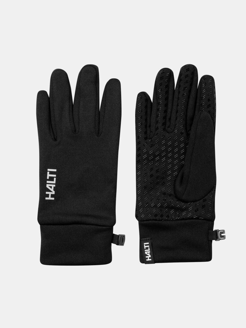 Ein Paar schwarze, leichte Halti Kunnar II Handschuhe - eine Handfläche nach oben mit Silikongriff, beide Stulpen mit HALTI-Schrift.