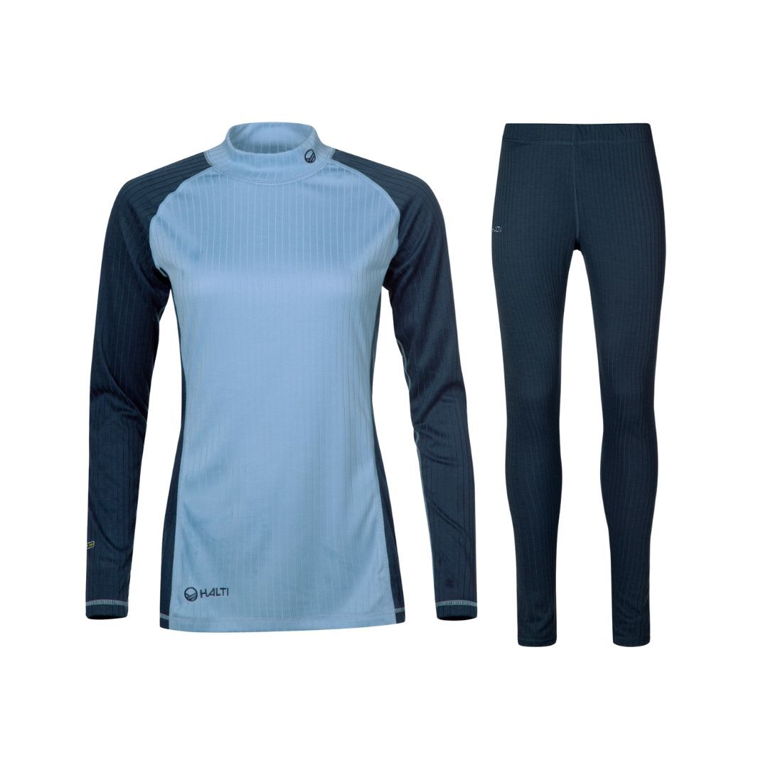 Halti Baselayer Set Damen für Winterwandern mit Active Dry Stoff in hell/dunkelblau, abgebildet auf weißem Hintergrund.