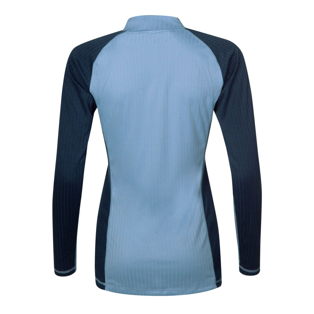 Rückansicht des Halti Baselayer Set Damen, ideal für Winterwandern, in blau mit dunklen Seitenteilen und Ärmeln.