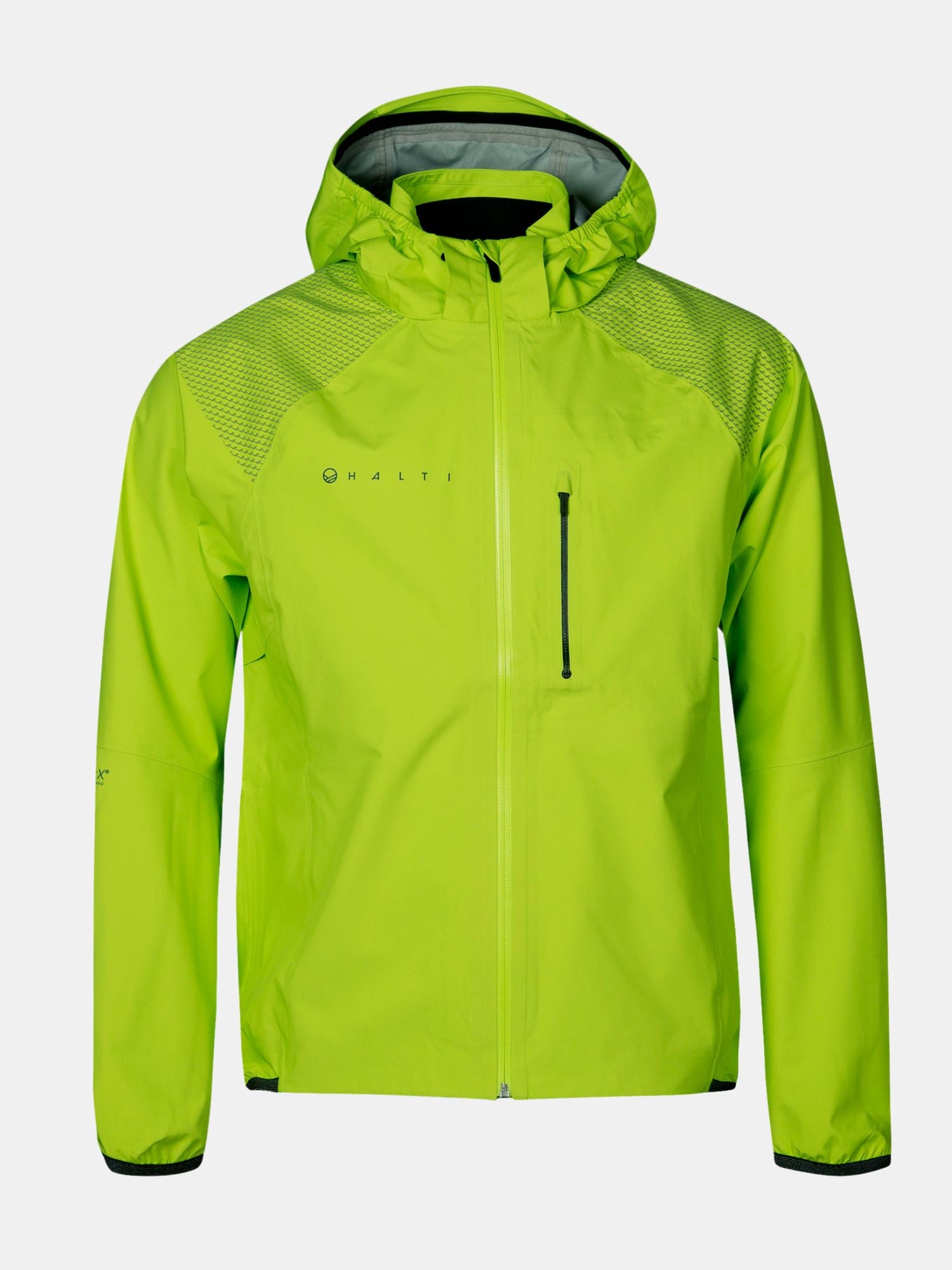 Die Halti Liike Herren 3L DrymaxX Sport Jacke ist eine gelbgrüne, atmungsaktive Jacke mit Reißverschluss und Brusttasche.