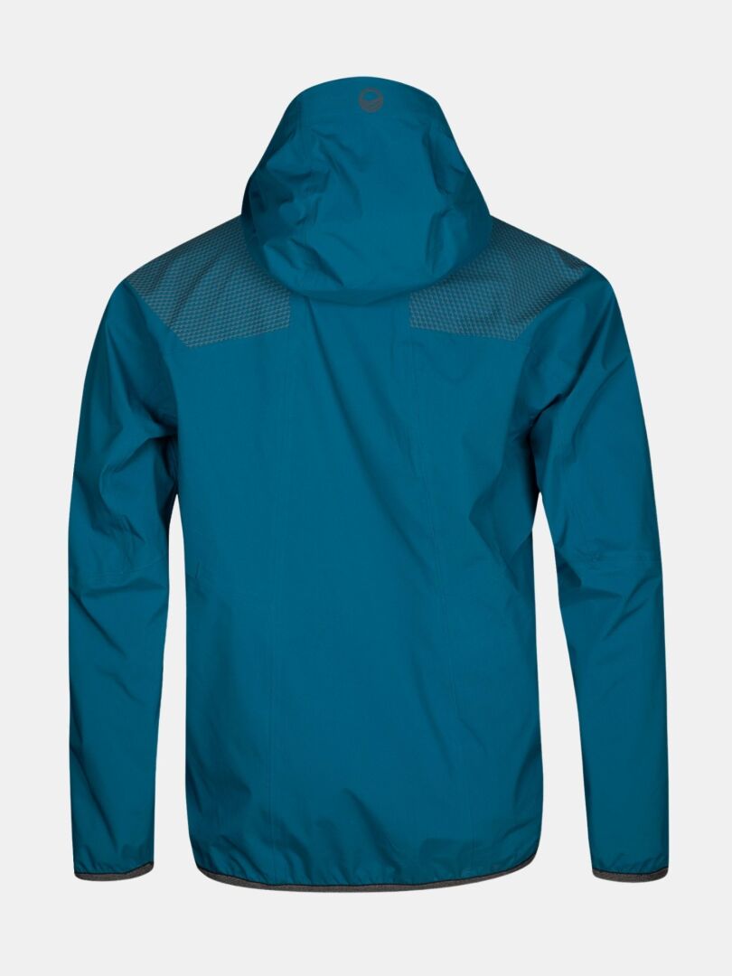 Die Halti Liike Herren 3L DrymaxX Sportjacke in Blaugrün, zum Radfahren, von hinten mit dunklen Schulterpatches abgebildet.