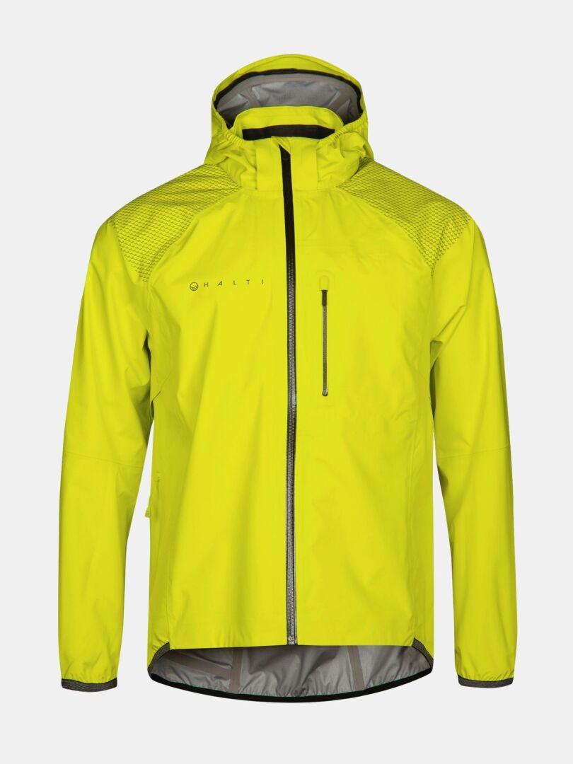 Die Halti Liike Herren 3L DrymaxX Sportjacke ist eine gelbe Regenjacke mit Kapuze, Frontreißverschluss und Brusttasche.
