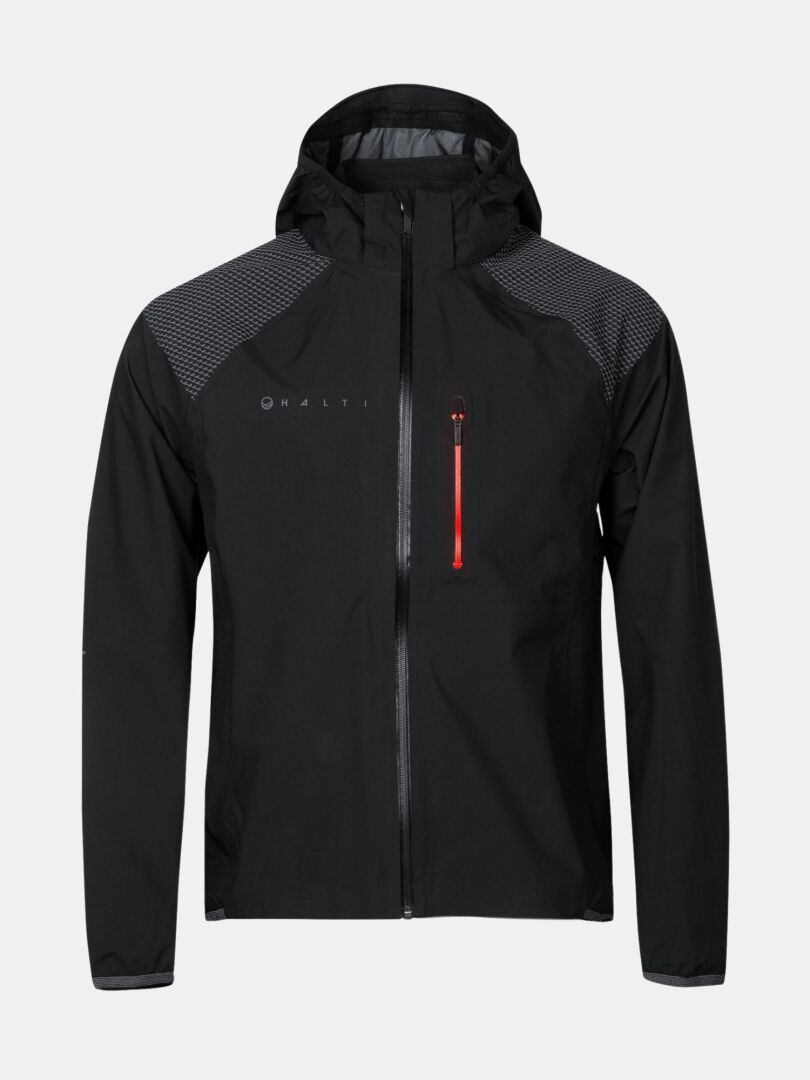 Die Halti Liike Herren 3L DrymaxX Sportjacke ist eine schwarze, atmungsaktive Kapuzenjacke – perfekt fürs Training oder Radfahren.