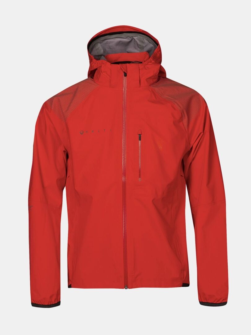 Die Halti Liike Herren 3L DrymaxX Sportjacke – rot, mit Kapuze, Reißverschluss und Brusttasche – ideal zum Radfahren und Trainieren.