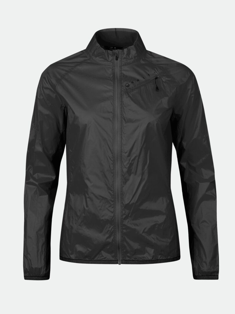 Halti Control Damen Windbreaker Jacke in schwarz mit Brusttasche, reflektierenden Details, auf einfarbig weißem Hintergrund.