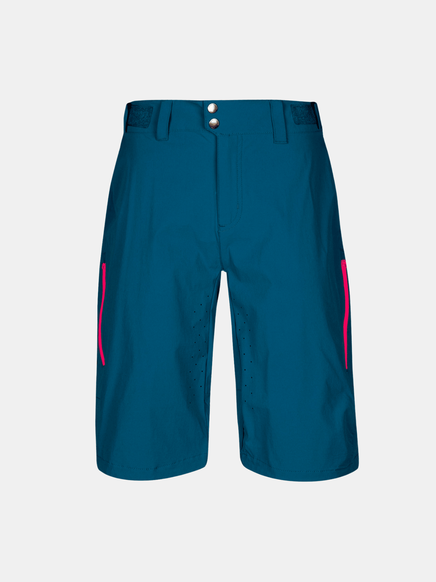 Halti Tracks Damen X-Stretch-Shorts in Blaugrün mit rosa Reißverschlusstaschen, Knopfverschluss und Gürtelschlaufen auf weißem Hintergrund.