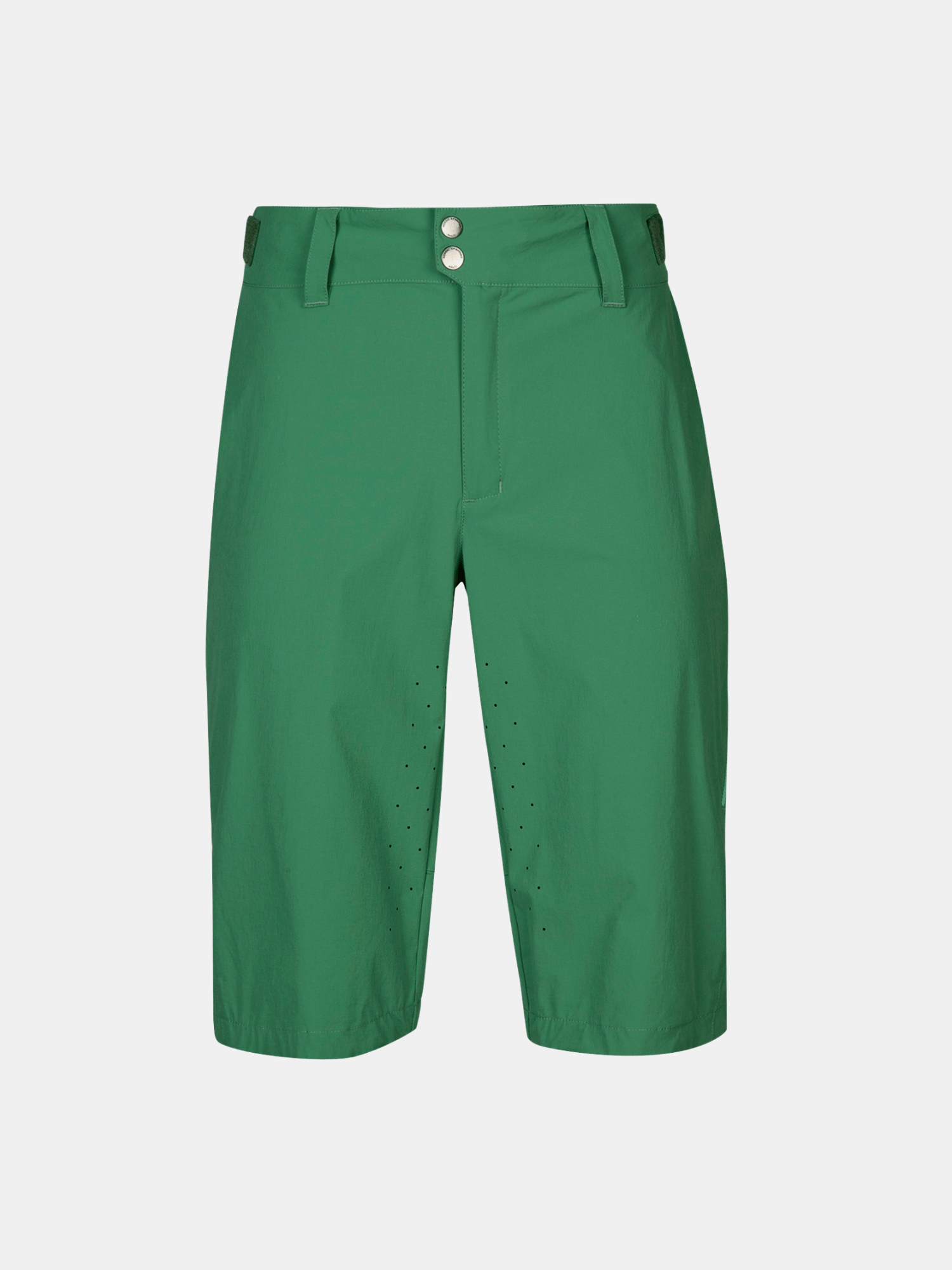 Halti Tracks Damen X-Stretch Shorts: grün, knielang, mit Gürtelschlaufen, Frontreißverschluss, Doppelknöpfen, perforierten Oberschenkeln.