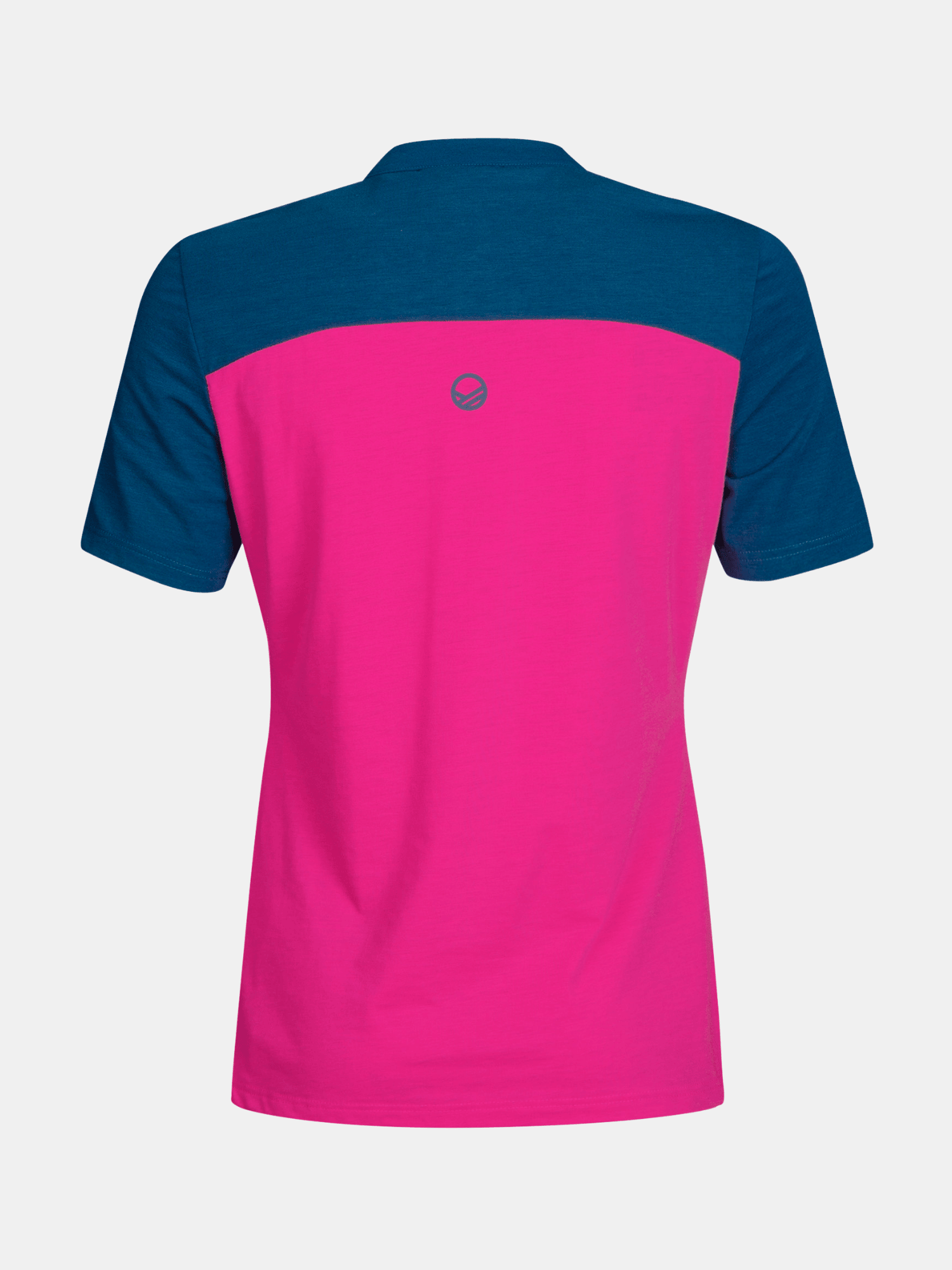 Halti Core Damen-T-Shirt für Multisport, dunkelblauer oberer Rücken/Ärmel und leuchtend rosa unterer Rücken, von hinten gezeigt.